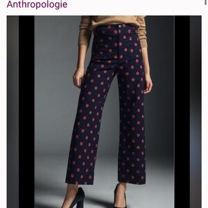 Maeve Anthropologie navy blue with orange polka dots colette wide leg pants.
